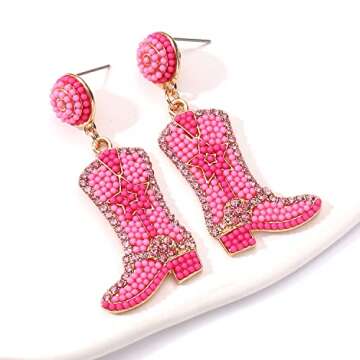 UYT Beaded Cowgirl Boot Earring Western Cowboy Boots Earrings for Women Boho Beads Shoes Dangle Drop Earrings Y2k Jewelry Party Gift (pink)
