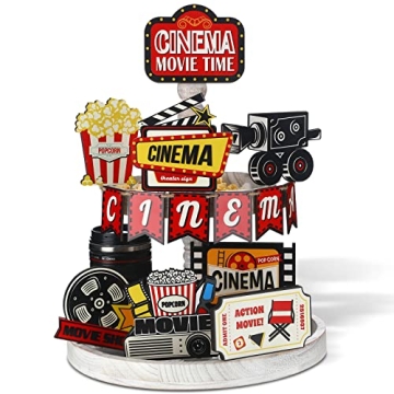 Movie Theater Decor 14 Pieces Wooden Home Theater Decor for Tiered Tray Cinema Retro Mini Sign Wood ...