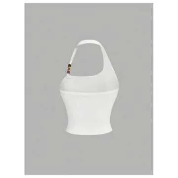 Milumia Women's Beaded Floral Backless Halter Top Asymmetrical Sleeveless Y2k Tops White Large