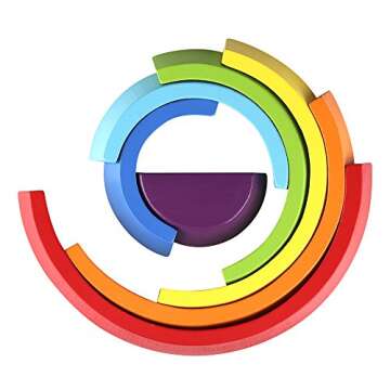 Coogam Wooden Rainbow Stacker Nesting Puzzle Blocks - Tunnel Stacking Game Building Creative Color Shape Matching Jigsaw Learning Toy Set Board Early Development Gift for Kids Boy Girl