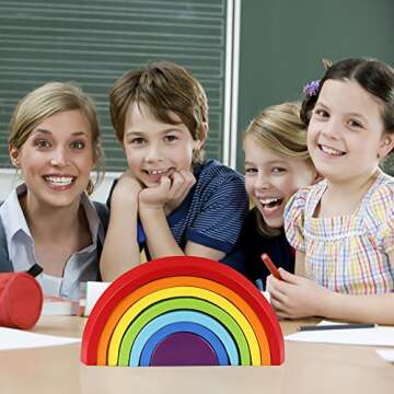 Coogam Wooden Rainbow Stacker Nesting Puzzle Blocks - Tunnel Stacking Game Building Creative Color Shape Matching Jigsaw Learning Toy Set Board Early Development Gift for Kids Boy Girl