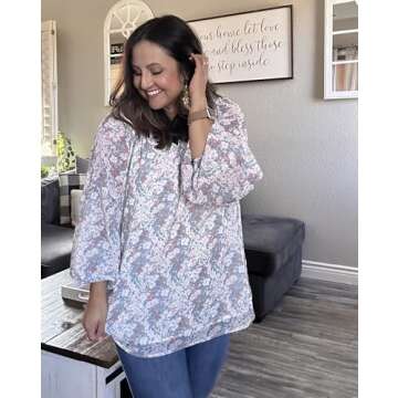 IN'VOLAND Womens Plus Size Boho Floral Print Tops Casual V Neck Long Sleeve Chiffon Blouses 2024 Sum...
