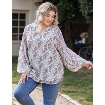 IN'VOLAND Womens Plus Size Boho Floral Print Tops Casual V Neck Long Sleeve Chiffon Blouses 2024 Summer Office Shirts