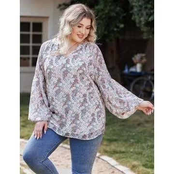 IN'VOLAND Womens Plus Size Boho Floral Print Tops Casual V Neck Long Sleeve Chiffon Blouses 2024 Summer Office Shirts