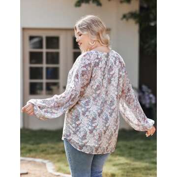 IN'VOLAND Womens Plus Size Boho Floral Print Tops Casual V Neck Long Sleeve Chiffon Blouses 2024 Summer Office Shirts
