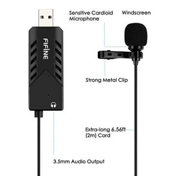 Fifine USB Lavalier Lapel Microphone, Clip-on Cardioid Condenser Computer Mic Plug and Play USB Microphone with Sound Card for PC and Mac-K053