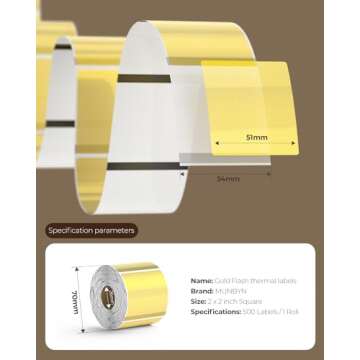 Premium Munbyn 2x2 Inch Gold Transparent Thermal Labels for Stylish Branding, 500 Labels/Roll