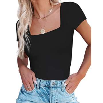 SAUNGKUAI Women's Square Neck Short Sleeve Slimming Thong Bodysuits for Going Out Body Suit Tops Black02 Medium