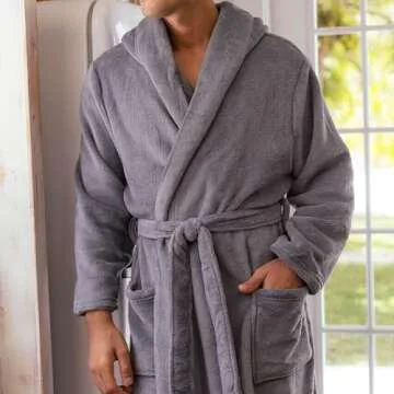Alexander Del Rossa Hooded Plush Fleece Bathrobe for Men