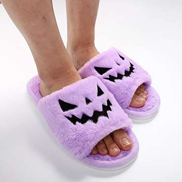 TITTOK Spooky Slides Halloween Slippers Jack O Lantern Pumpkin Soft Plush Cozy Open Toe Indoor Outdo...
