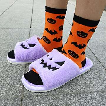 TITTOK Spooky Slides Halloween Slippers Jack O Lantern Pumpkin Soft Plush Cozy Open Toe Indoor Outdoor Fuzzy Slippers Gifts For Girls Women Girlfriend Men