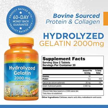 Thompson Hydrolyzed Gelatin 2000mg | Bovine-Sourced Protein & Collagen for Healthy Cells & Nails Sup...