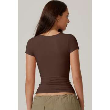 QINSEN Crop Tops for Women Crewneck Short Sleeve T Shirts Summer Y2K Going Out Top, Coffee Bean Large
