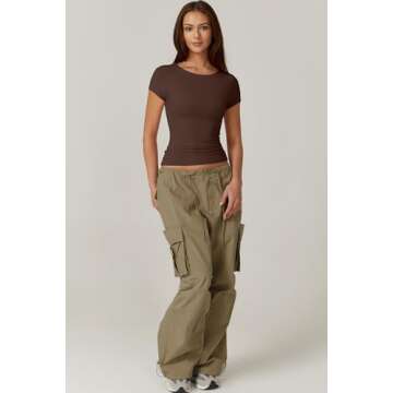 QINSEN Crop Tops for Women Crewneck Short Sleeve T Shirts Summer Y2K Going Out Top, Coffee Bean Large