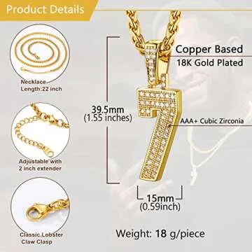 U7 Jersey Number Necklace for Men 18K Gold Plated Chain Full Iced Big Initial Digit Number Pendant Hip Hop Baseball Football Basketball Number 7 Necklace for Athelets Sport Player