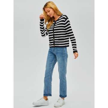 EFAN Womens Cropped Cardigan Sweaters 2024 Fall Trendy Lightweight Knit Tweed Blazer Jackets Dressy Casual Fashion Cashmere Outfits Cute Clothes Black White S