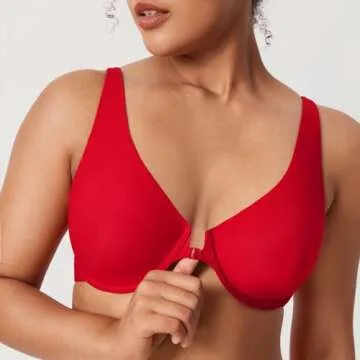 DELIMIRA Women's Front Closure Bras Seamless Plus Size Plunge Underwire Unlined Comfortable Bra Lipstick Red 36C