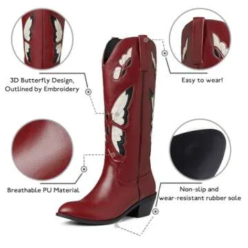CYNLLIO Womens Cowgirl Boots Vintage Fashion Butterfly Embroidery Western Cowboy Boots Chunky Cork Heel Wide Mid Calf Boots Pull on Cosplay Shoes