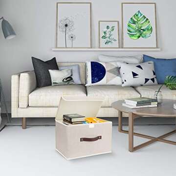 TYEERS Collapsible Storage Boxes, Washable, Fabric Storage Bins with Lids for Home, Bedroom, Closet, Office, 14.9x9.8x9.8 inches, 2 Pack, Beige