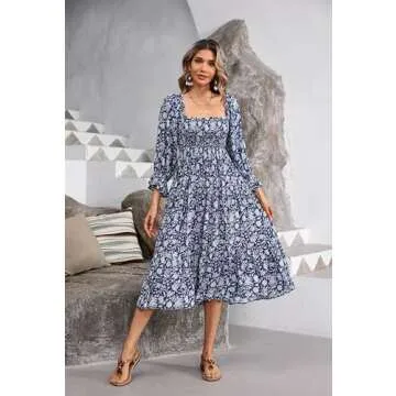 R.Vivimos Women's Summer Puff Sleeve Elastic Smocked Boho Floral Print Bow Casual Off-Shoulder Tiered Ruffle Midi Dress (Large, DarkBlue-Floral)