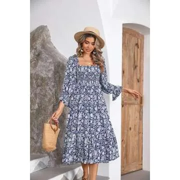 R.Vivimos Women's Summer Puff Sleeve Elastic Smocked Boho Floral Print Bow Casual Off-Shoulder Tiered Ruffle Midi Dress (Large, DarkBlue-Floral)