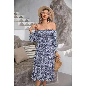 R.Vivimos Women's Summer Puff Sleeve Elastic Smocked Boho Floral Print Bow Casual Off-Shoulder Tiered Ruffle Midi Dress (Large, DarkBlue-Floral)
