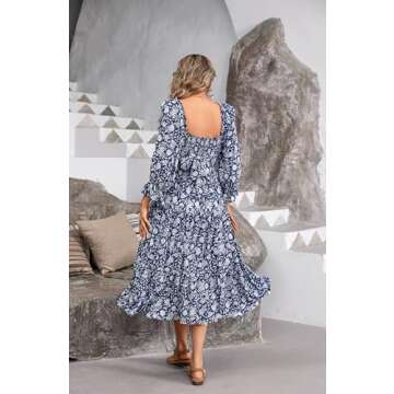 R.Vivimos Women's Summer Puff Sleeve Elastic Smocked Boho Floral Print Bow Casual Off-Shoulder Tiered Ruffle Midi Dress (Large, DarkBlue-Floral)