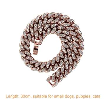 SOGAYU Rose Gold Chain Metal Dog Collar 10mm Wide Cuban Diamond Alloy Necklace Cute Fashion Pet Puppy Link Jewelry Accessories for Small Dogs Cats (11.8inch)