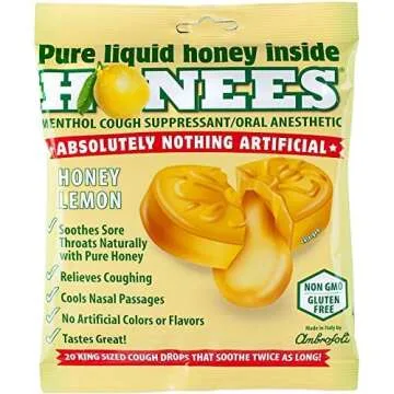 Honees Filled Honey Lemon Cough Drops- Filled with Honey, Menthol, Lemon and Eucalyptus - Nothing Artificial -Natural Sore Throat Lozenges- Non-GMO, Gluten Free (4 Pack – 80 Drops)