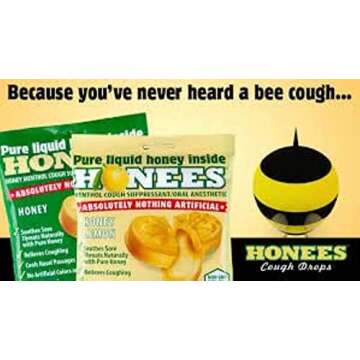 Honees Filled Honey Lemon Cough Drops- Filled with Honey, Menthol, Lemon and Eucalyptus - Nothing Artificial -Natural Sore Throat Lozenges- Non-GMO, Gluten Free (4 Pack – 80 Drops)
