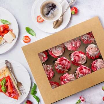 Moretoes 20 Sets Cupcake Boxes, Hold 12 Count Cupcake Containers, 13 x 10 x 3.5 Inches Brown Kraft Bakery Carrier Boxes Holders with Windows and Inserts to Hold Cupcakes, Muffins and Pastries