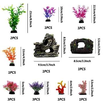 PietyPet Fish Tank Decorations Plants with Resin Broken Barrel and Cave Rock View, 15pcs Aquarium De...
