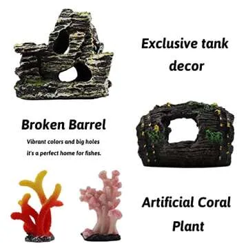 PietyPet Fish Tank Decorations Plants with Resin Broken Barrel and Cave Rock View, 15pcs Aquarium Decorations Plants Plastic,Fish Tank Accessories, Fish Cave and Hideout Ornaments, Aquarium Decor
