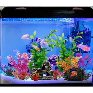 PietyPet Fish Tank Decorations Plants with Resin Broken Barrel and Cave Rock View, 15pcs Aquarium Decorations Plants Plastic,Fish Tank Accessories, Fish Cave and Hideout Ornaments, Aquarium Decor