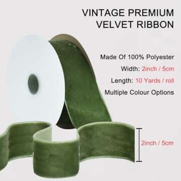 TONIFUL Sage Moss Green Velvet Ribbon 2 Inch x 10yds, Vintage Velvet Ribbons, for Christmas Wreath Decoration Handmade Craft Ornaments Gift Wrapping & Bow Making, Valentine's Day Bouquet Packaging