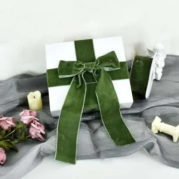 TONIFUL Sage Moss Green Velvet Ribbon 2 Inch x 10yds, Vintage Velvet Ribbons, for Christmas Wreath Decoration Handmade Craft Ornaments Gift Wrapping & Bow Making, Valentine's Day Bouquet Packaging