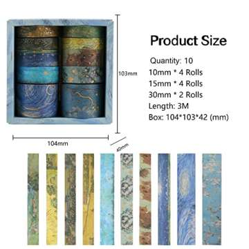 Lychii Van Gogh Washi Tape, 10 Rolls Vintage Watercolor Washi Masking Tape Set with Gold Foil Aesthe...