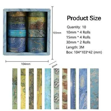 Lychii Van Gogh Washi Tape, 10 Rolls Vintage Watercolor Washi Masking Tape Set with Gold Foil Aesthe...