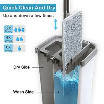 BOSHENG Mop and Bucket with Wringer Set, Hands Free Flat Floor Mop and Bucket, 3 Washable Microfiber Pads Included, Wet and Dry Use, Home Floor Cleaning System for All Floor Types and Windows