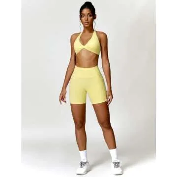 ABOCIW Workout Sets for Women, Twist Front Halter Neck Sports Bra High Waist Biker Shorts Gym Yoga Outfits Halter Light Yellow Small