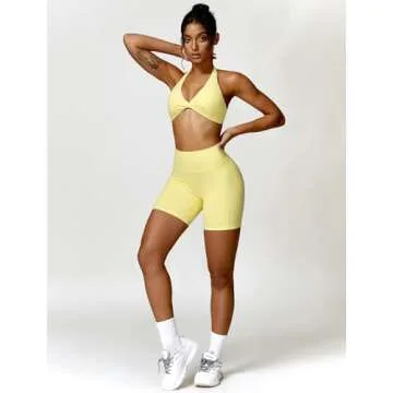 ABOCIW Workout Sets for Women, Twist Front Halter Neck Sports Bra High Waist Biker Shorts Gym Yoga Outfits Halter Light Yellow Small