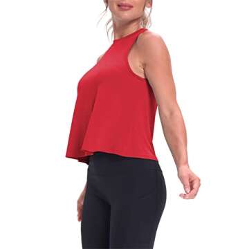Mippo Cropped Tank Flowy Crop Top Workout Shirts High Neck Tank Athletic Shirts Loose Workout Tops for Women Red XL