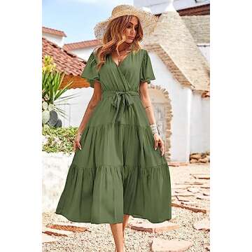 PRETTYGARDEN Summer Dresses for Women 2024 V Neck Wrap Short Sleeve Boho Midi Dress Tie Waist A Line Beach Sun Dresses (Army Green, Small)