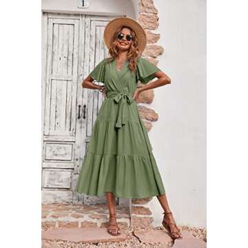 PRETTYGARDEN Summer Dresses for Women 2024 V Neck Wrap Short Sleeve Boho Midi Dress Tie Waist A Line Beach Sun Dresses (Army Green, Small)