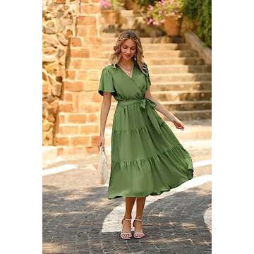 PRETTYGARDEN Summer Dresses for Women 2024 V Neck Wrap Short Sleeve Boho Midi Dress Tie Waist A Line Beach Sun Dresses (Army Green, Small)