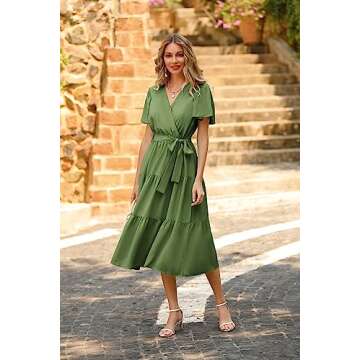 PRETTYGARDEN Summer Dresses for Women 2024 V Neck Wrap Short Sleeve Boho Midi Dress Tie Waist A Line Beach Sun Dresses (Army Green, Small)