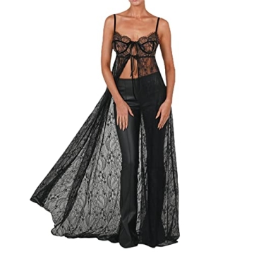 Sexy See Through Mesh Sheer Lace Patchwork Maxi Dress Perspective Ruffle Backless Long Dress Split B...