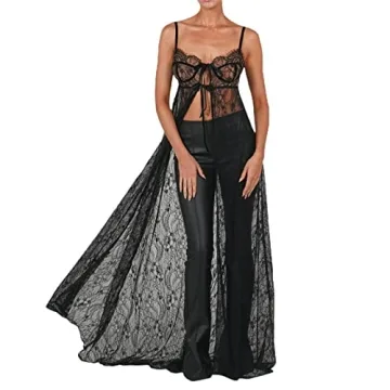 Sexy See Through Mesh Sheer Lace Patchwork Maxi Dress Perspective Ruffle Backless Long Dress Split B...