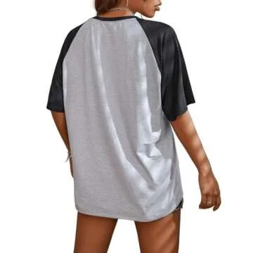 Remidoo Womens Short Sleeve Oversized T Shirt Color Block Crew Neck Casual Tee Tops Grey Large