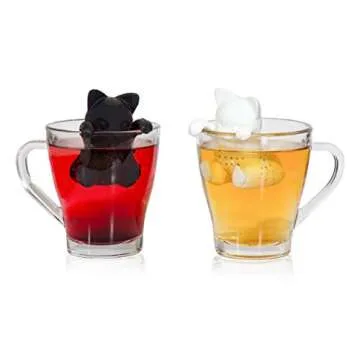 Tea Infuser Gift Set for Loose Leaf & Herbal Tea, Funny and Cute Silicone Cat Tea Strainer Pair in Unique Gift Box, Best Couples Gift, Set of 2, Black and White kit-tea